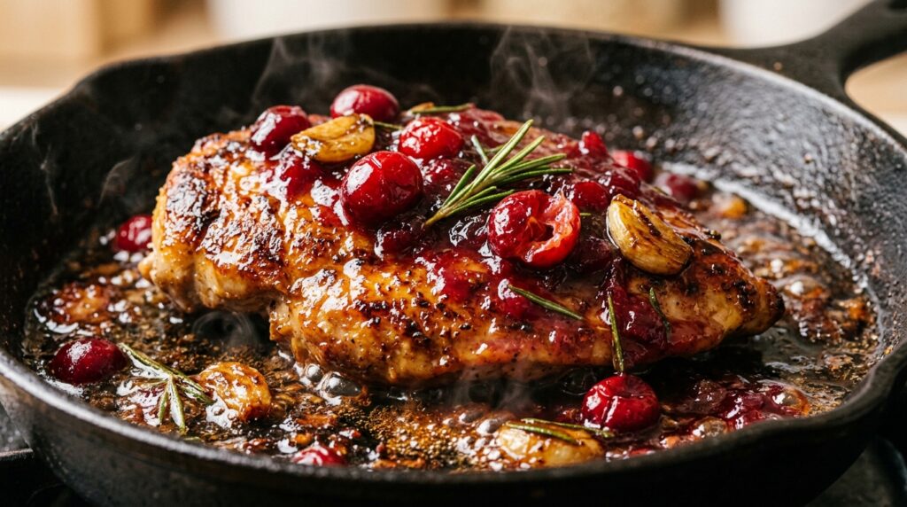 Golden pan-seared chicken cutlets in cast-iron skillet smothered in bursting cranberry rosemary pan sauce