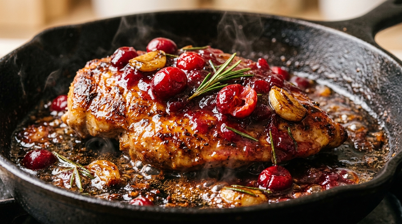 Ultra macro close-up of golden seared chicken cutlets in sizzling cast iron skillet smothered in ruby cranberry rosemary sauce