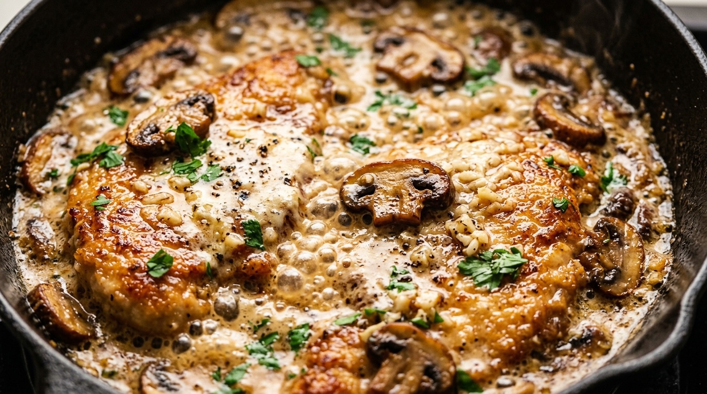 Golden pan-seared chicken cutlets simmering in creamy garlic parmesan herb sauce in skillet