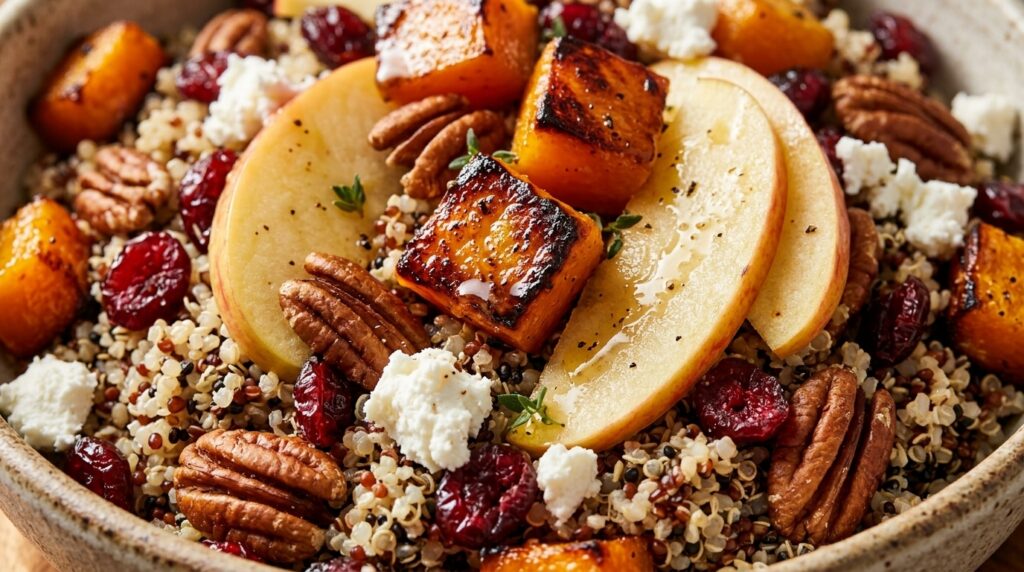 Roasted butternut squash and warm quinoa salad with candied pecans, dried cranberries, and maple cider dressing