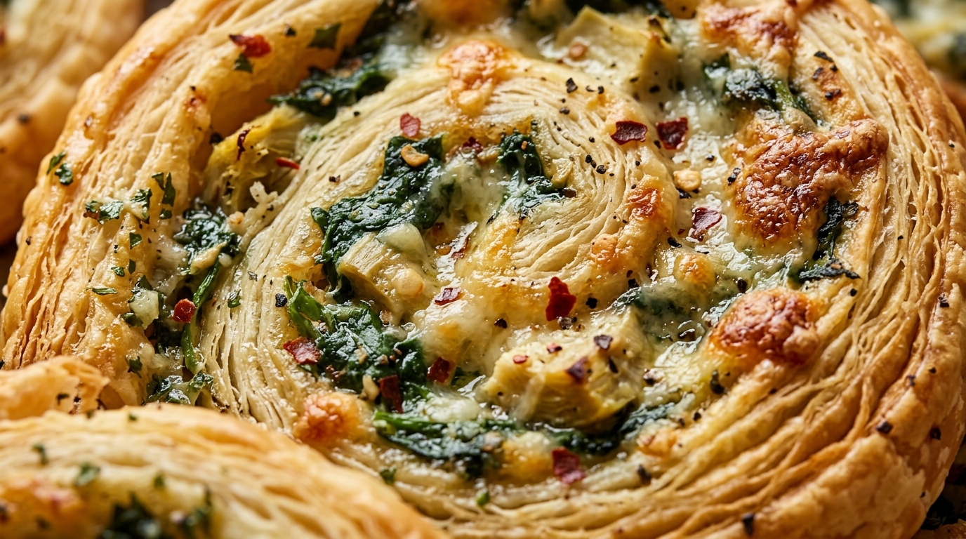 Ultra close-up macro of warm golden spinach artichoke puff pastry pinwheels with bubbling melted cheese and crispy flaky layers