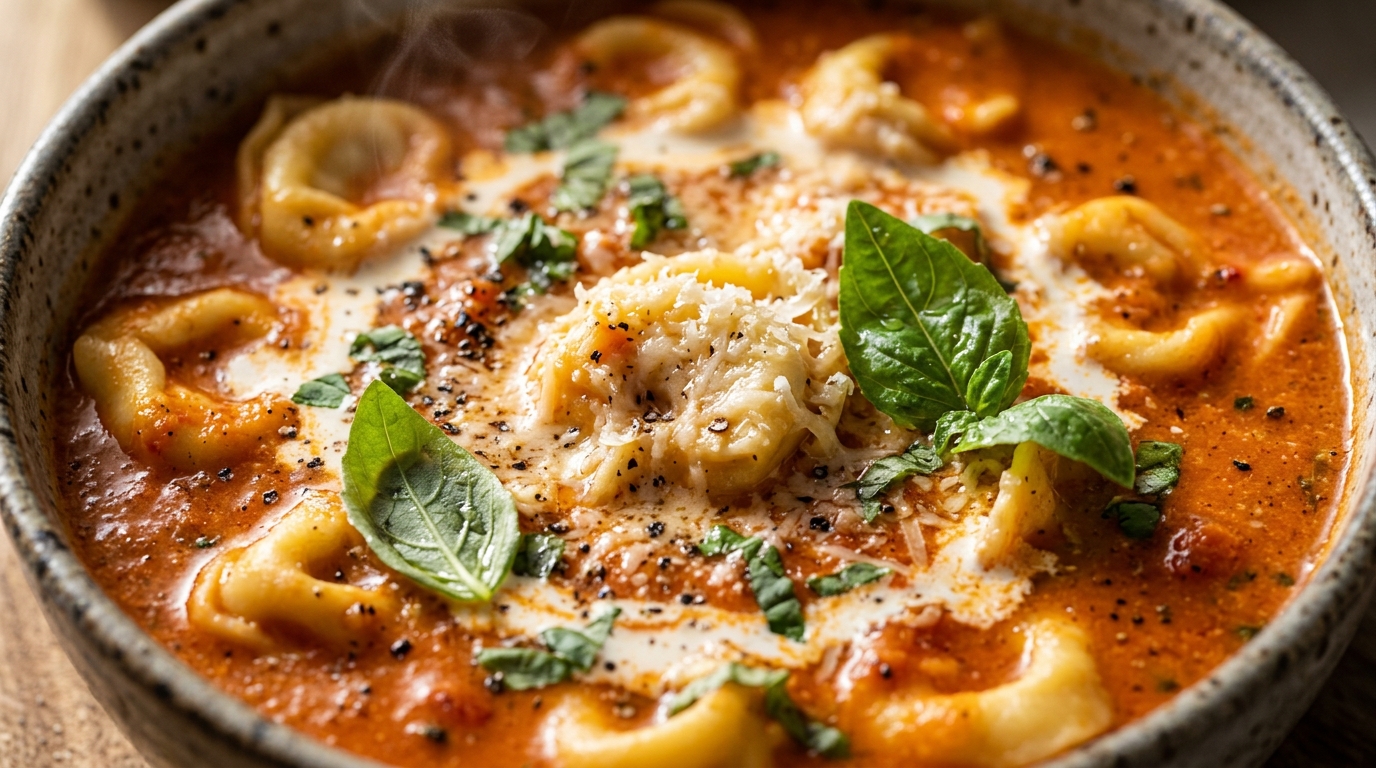 Ultra macro close-up of creamy roasted tomato basil tortellini soup with melted parmesan cheese and fresh basil