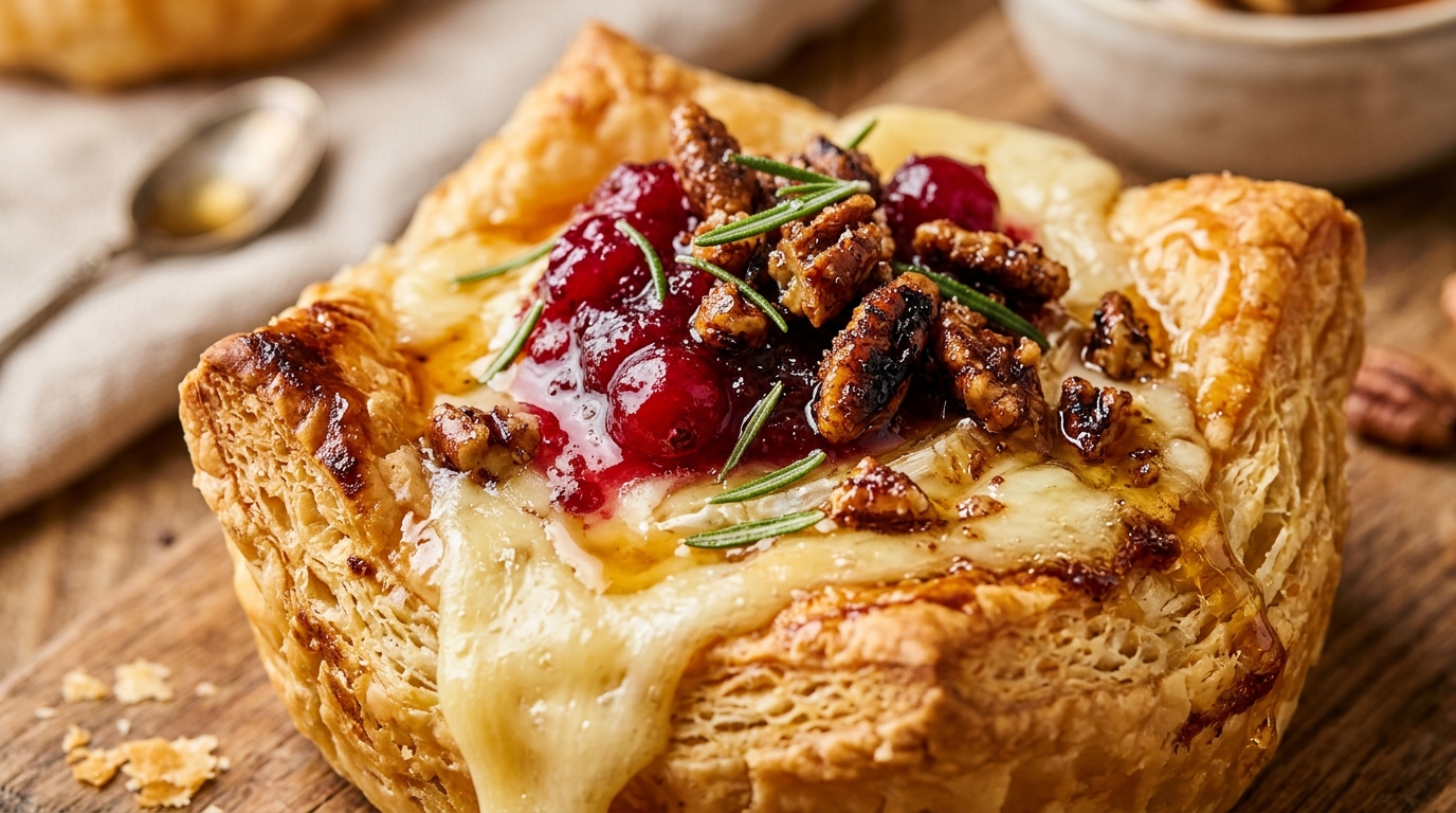 Extreme macro food photography of golden puff pastry cups filled with melted warm brie cheese, ruby cranberry sauce, toasted pecans, and honey drizzle