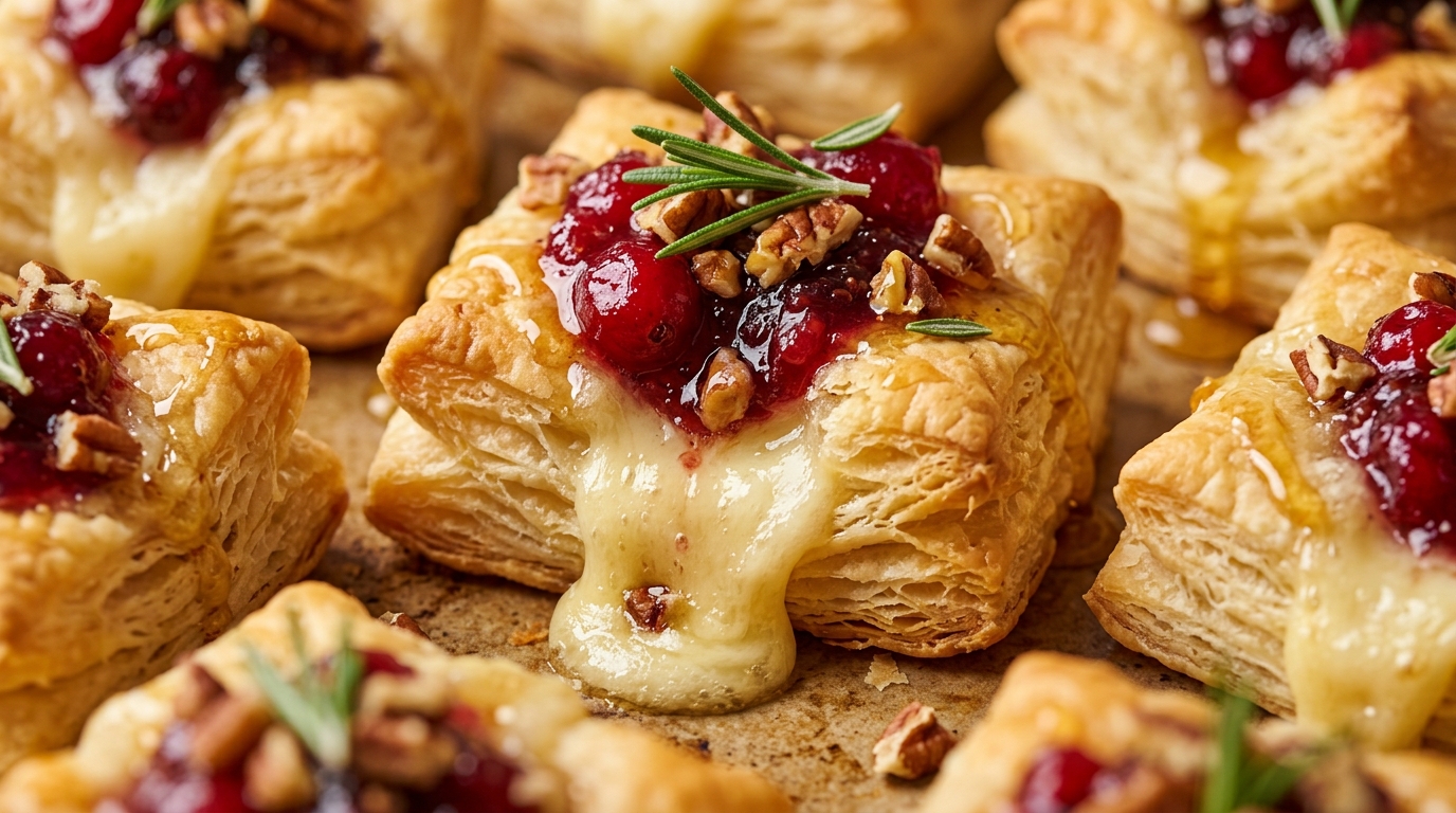 Ultra close-up macro of warm golden puff pastry brie bites with molten cheese, tart cranberry sauce, toasted pecans, and honey